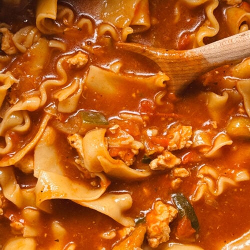 creamy lasagna soup with tender noodles and ricotta cheese