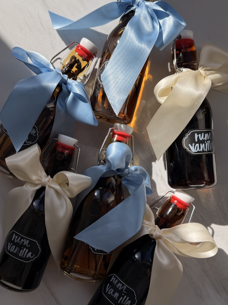 8 oz bottles filled with homemade vanilla extract