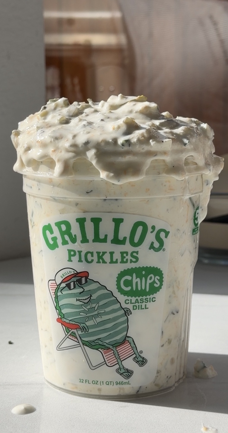 High-protein Grillo pickle dip made with cottage cheese and a full 32 oz tub of dill pickles