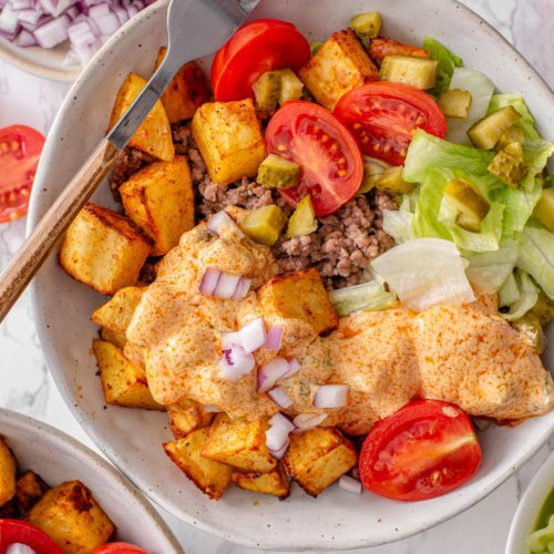 Burger Bowls with Crispy Potatoes and Special Sauce