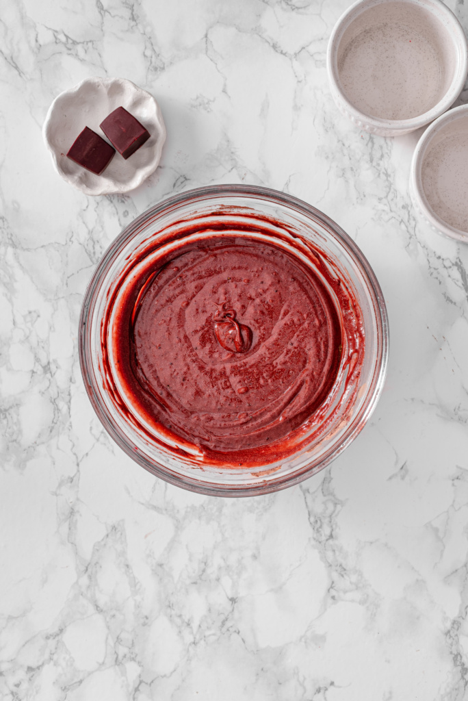 Red Velvet Lava Cake wet and dry ingredients mixed until combined