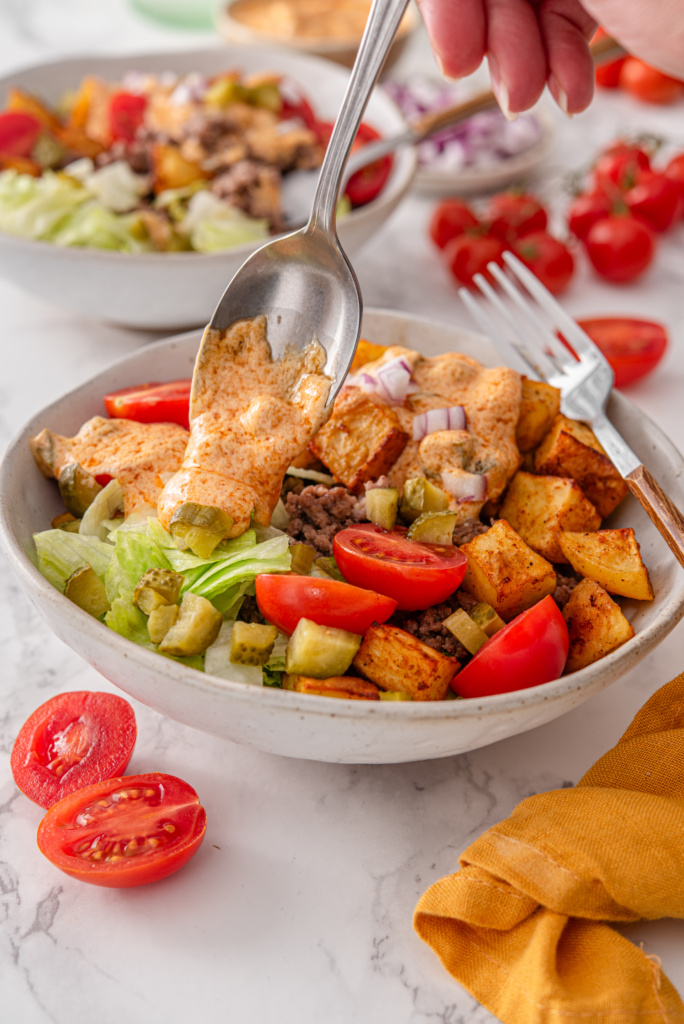 Burger Bowls with Crispy Potatoes and Special Sauce