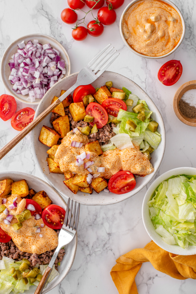 Burger Bowls with Crispy Potatoes and Special Sauce