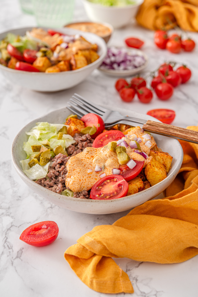 Burger Bowls with Crispy Potatoes and Special Sauce